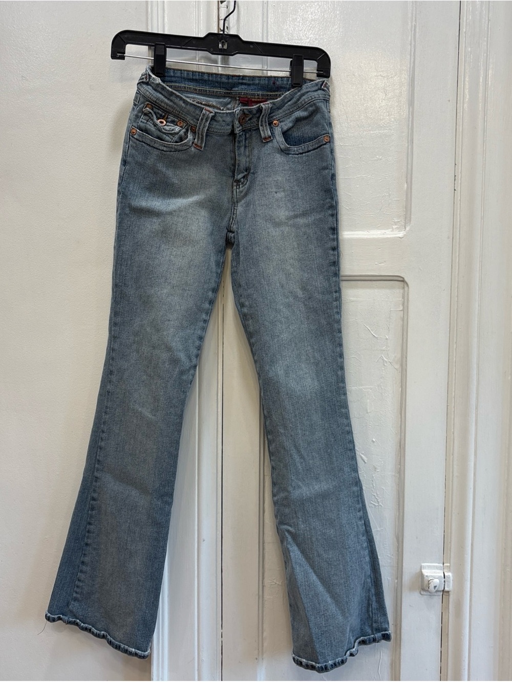 VTG Bongo Jeans Womens 7 Low Rise Flare River Flap Pocket Blue